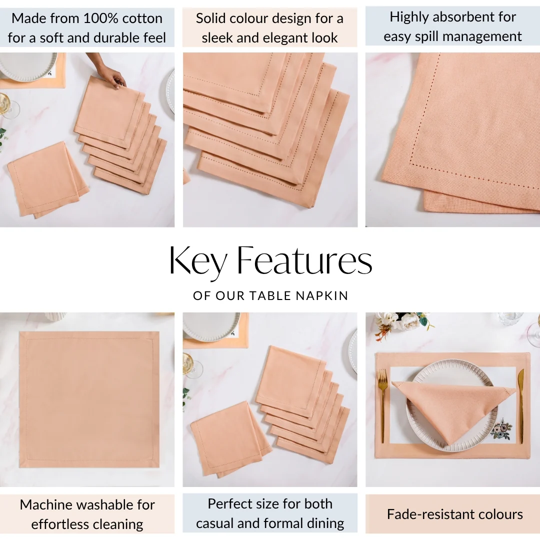 Ventosa Premium Cotton Hemstitched Dinner Napkins Set Of 6 In Peach - Image 4