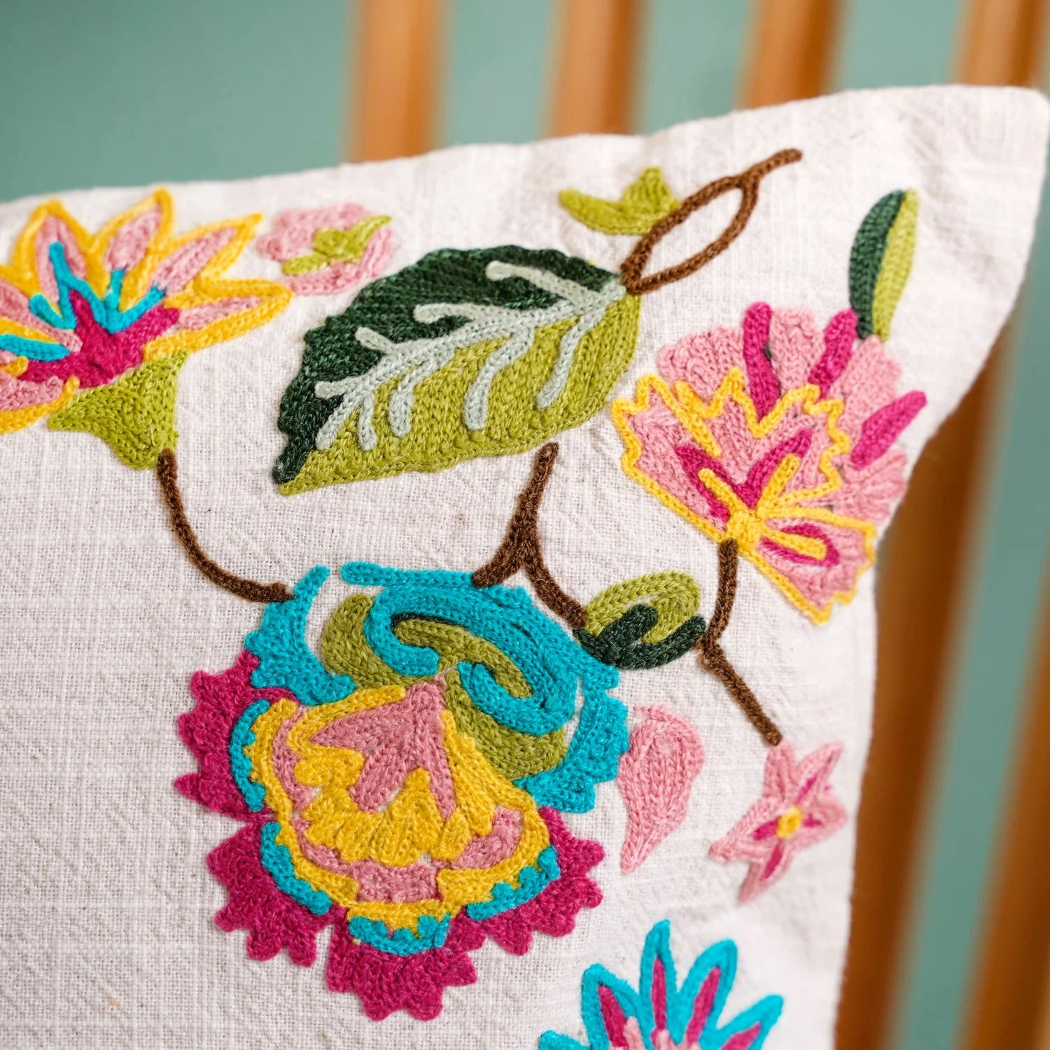 Vibrant Floral Embroidered Cotton Canvas Cushion Cover 40x40cm - Image 2