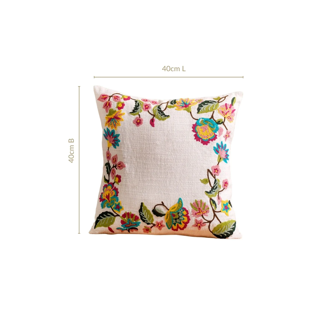 Vibrant Floral Embroidered Cotton Canvas Cushion Cover 40x40cm - Image 3