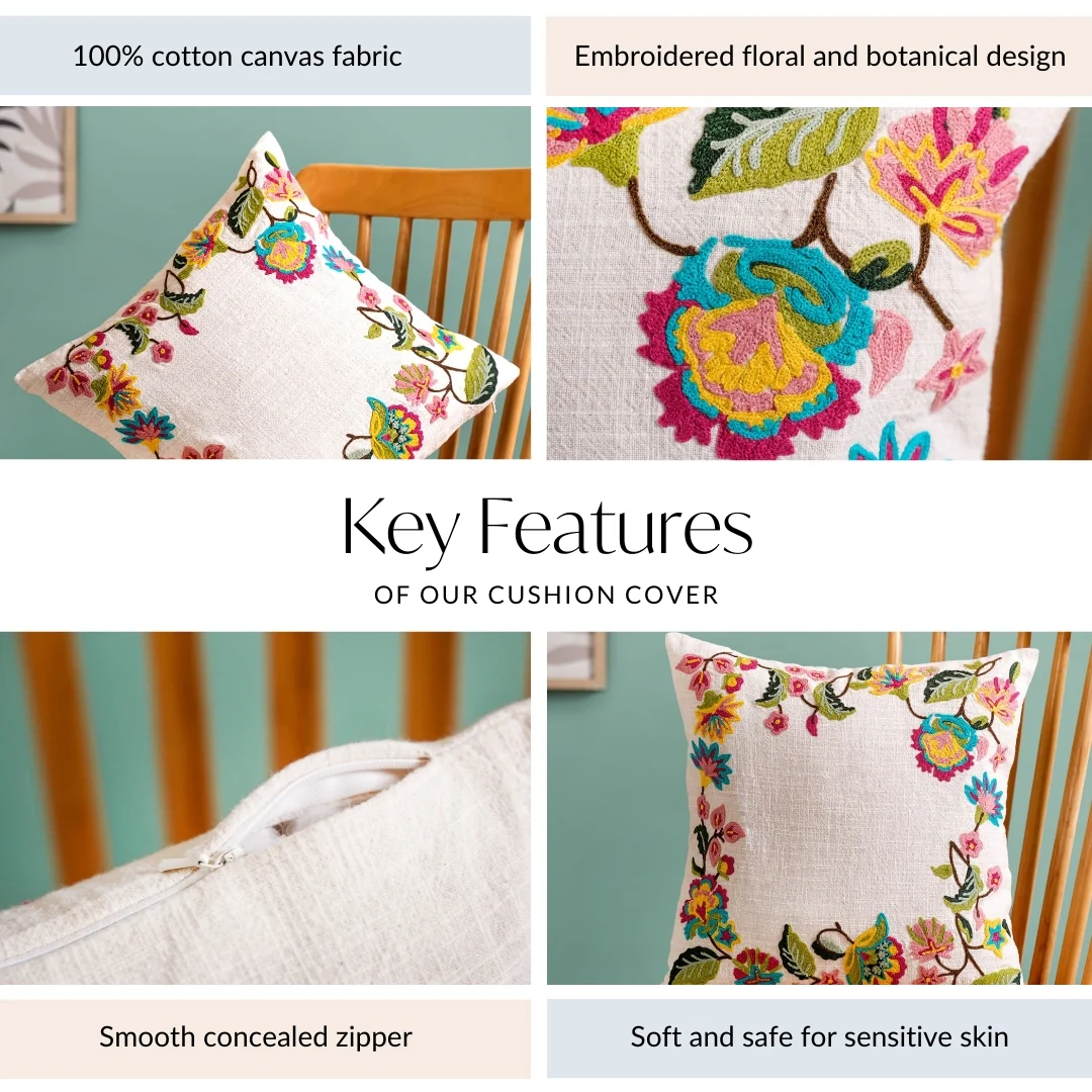 Vibrant Floral Embroidered Cotton Canvas Cushion Cover 40x40cm - Image 4