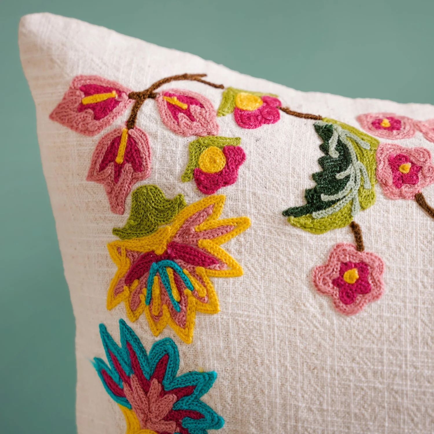 Vibrant Floral Embroidered Cotton Canvas Cushion Cover 40x40cm - Image 6