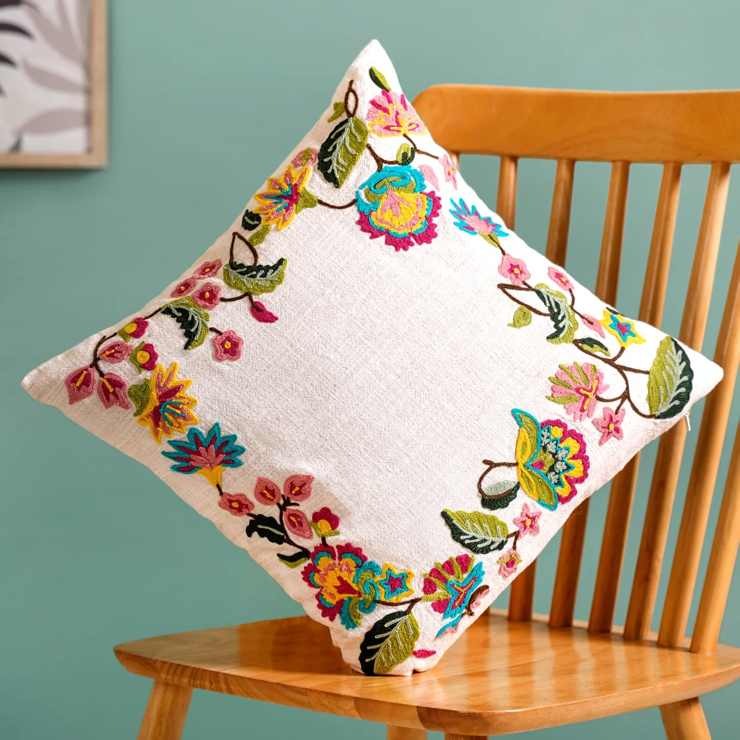 Vibrant Floral Embroidered Cotton Canvas Cushion Cover 40x40cm - Image 7