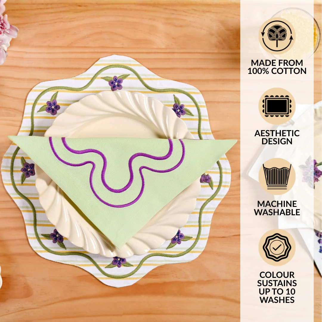 Violet Wave Embroidered Cotton Table Napkin Set Of 6 - Image 3