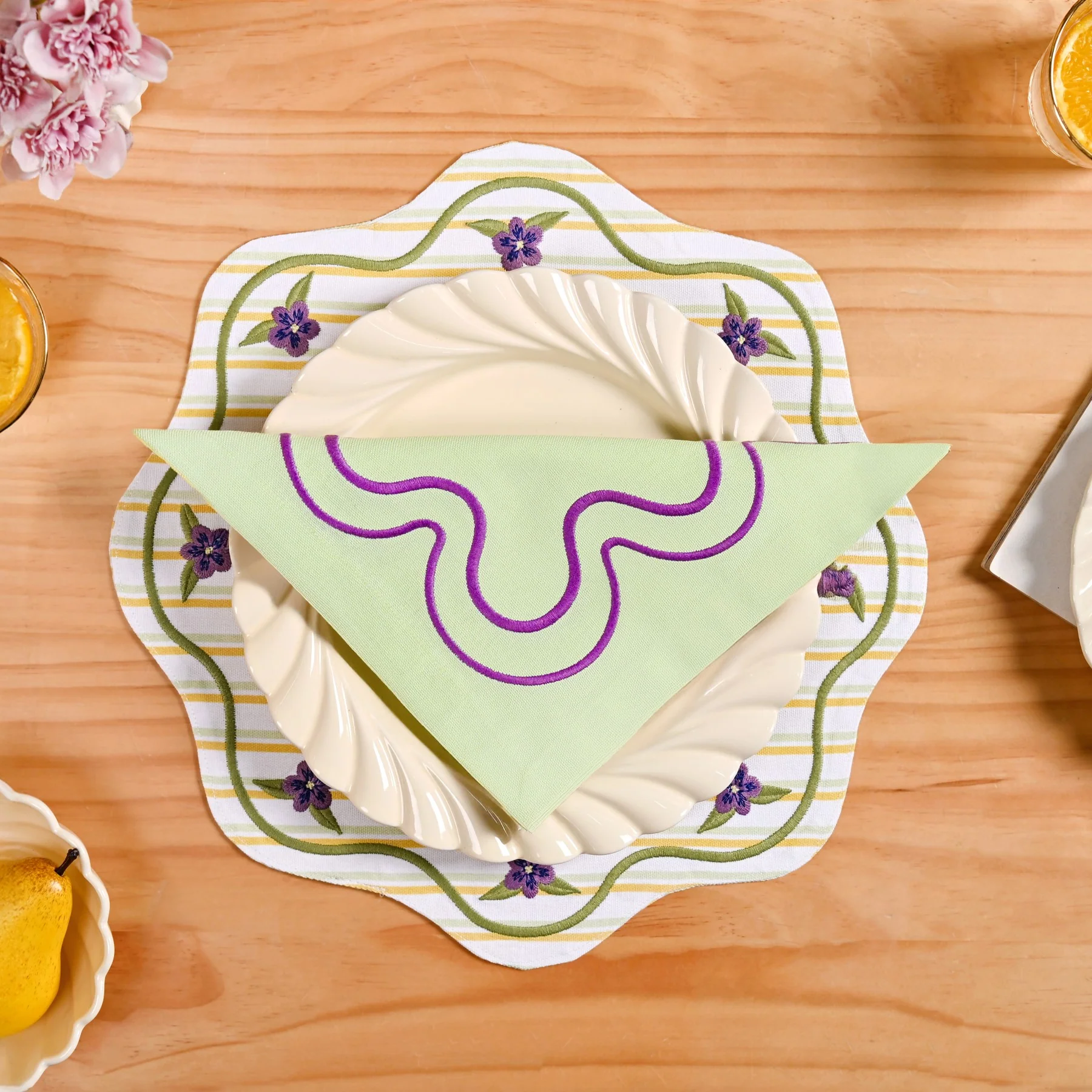 Violet Wave Embroidered Cotton Table Napkin Set Of 6 - Image 8