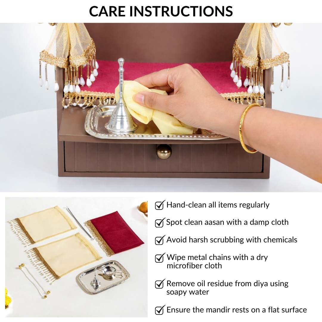 Wall Mountable Pooja Mandir Small With Aasan Thali And Curtain Set - Image 10