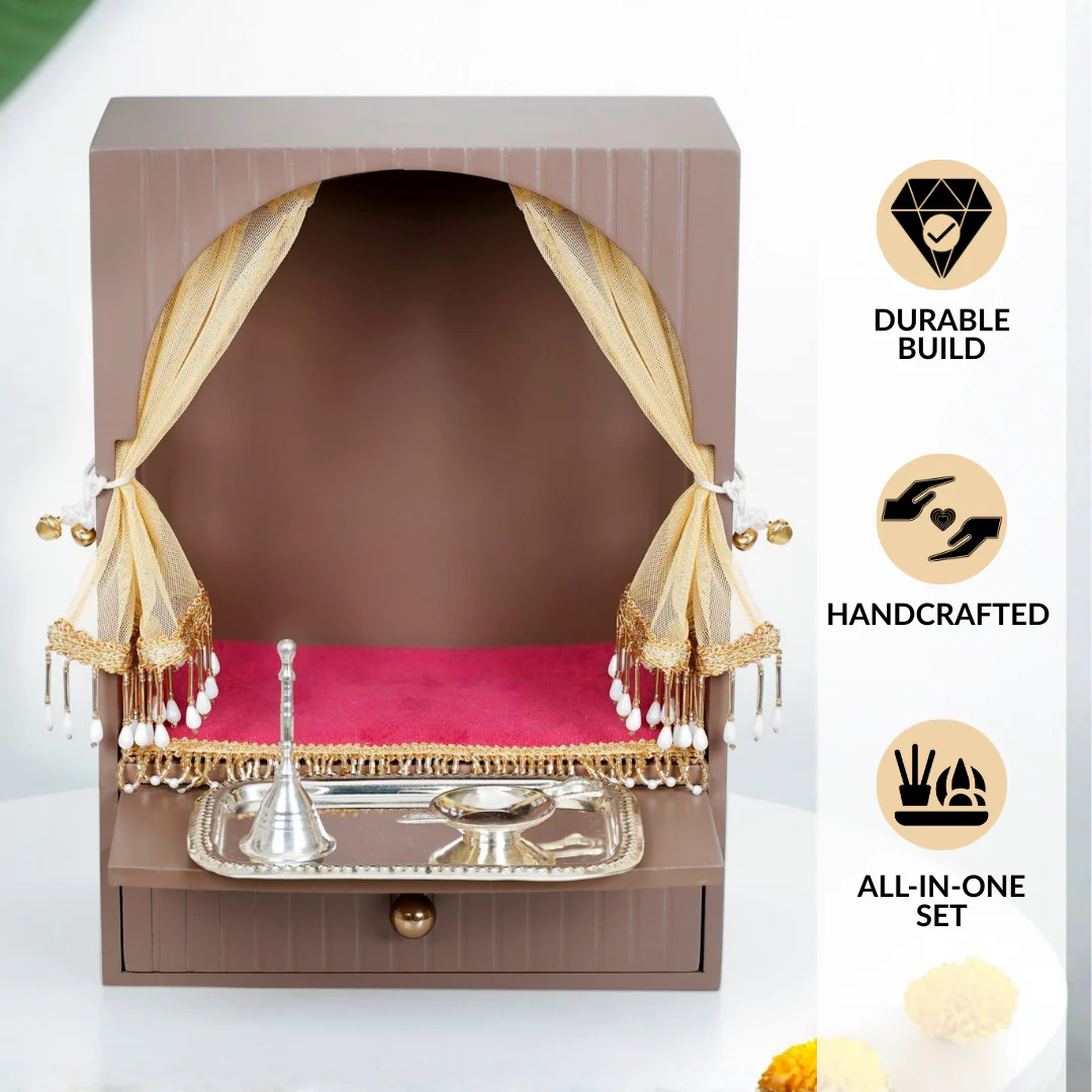 Wall Mountable Pooja Mandir Small With Aasan Thali And Curtain Set - Image 2