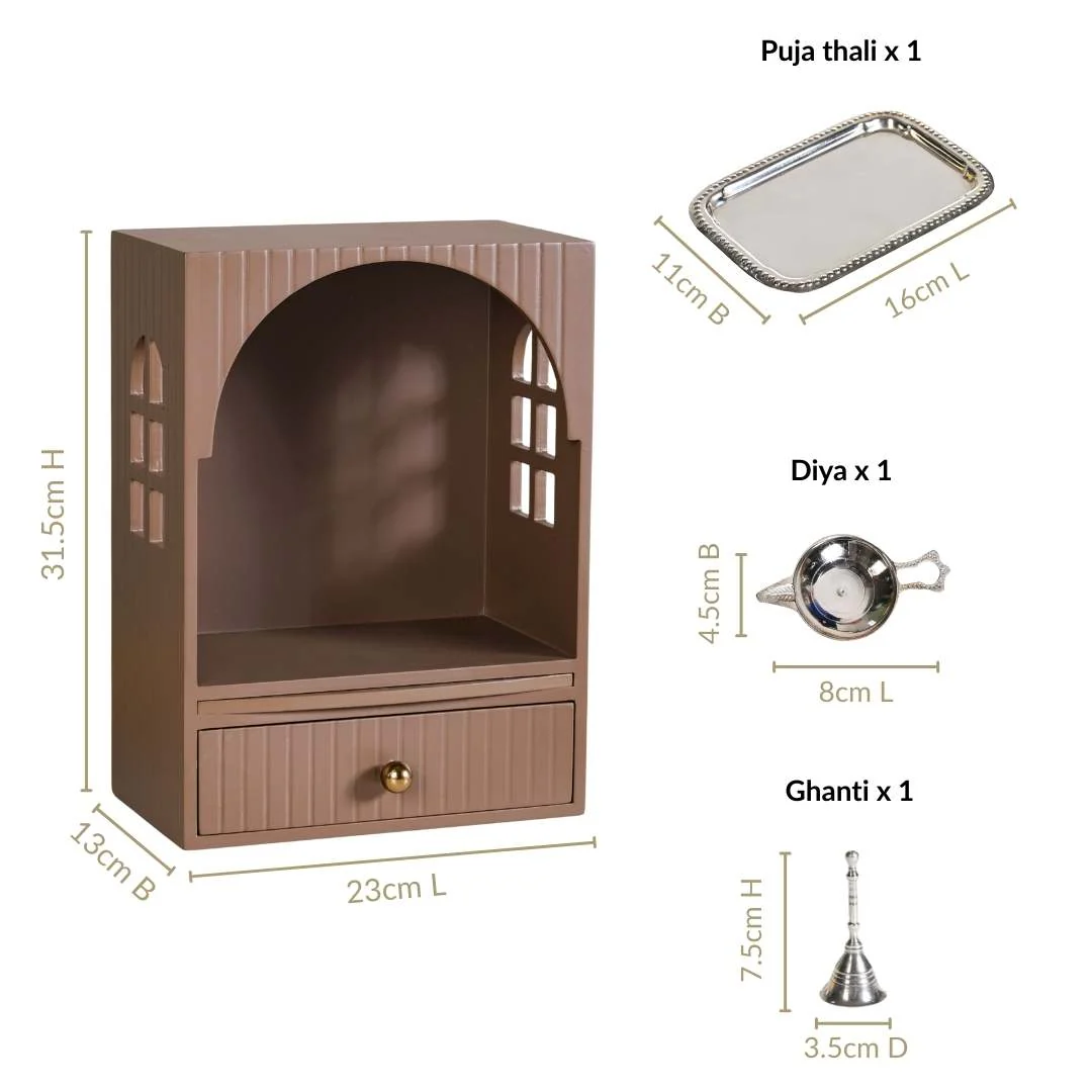 Wall Mountable Pooja Mandir Small With Aasan Thali And Curtain Set - Image 4