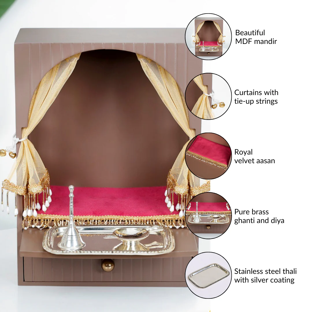Wall Mountable Pooja Mandir Small With Aasan Thali And Curtain Set - Image 5
