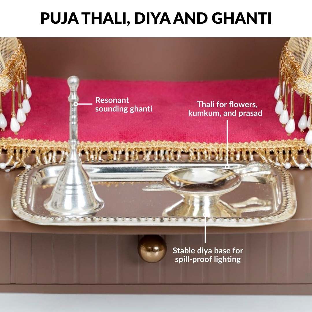 Wall Mountable Pooja Mandir Small With Aasan Thali And Curtain Set - Image 7