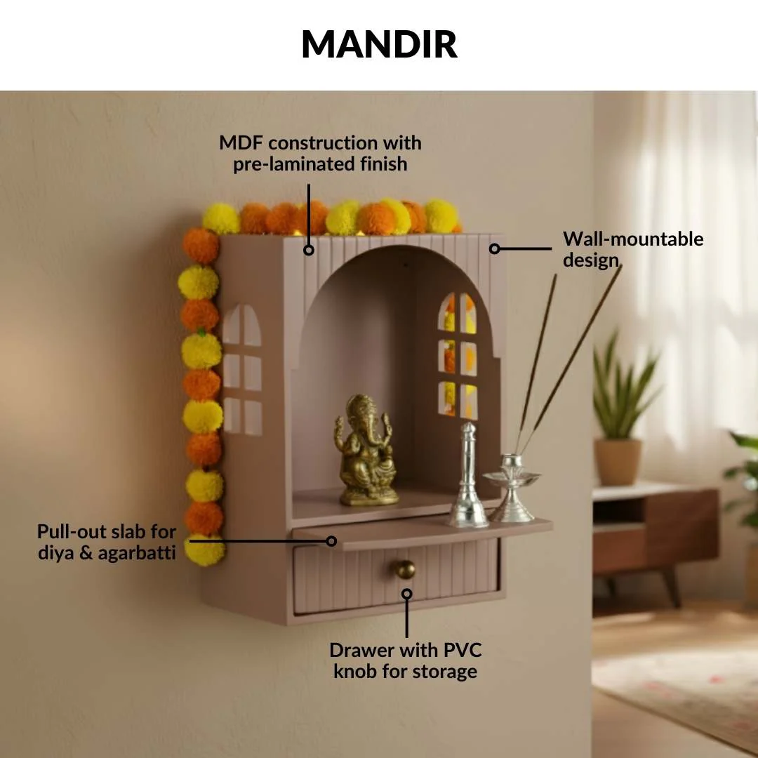 Wall Mountable Pooja Mandir Small With Aasan Thali And Curtain Set - Image 9