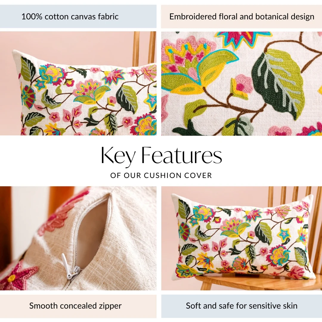 Wildflower Waltz Cotton Canvas Embroidered Cushion Cover 50x30cm - Image 4