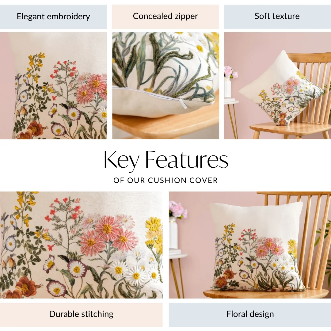 Wildflower Whisper Embroidered Cushion Cover 40x40cm - Image 5