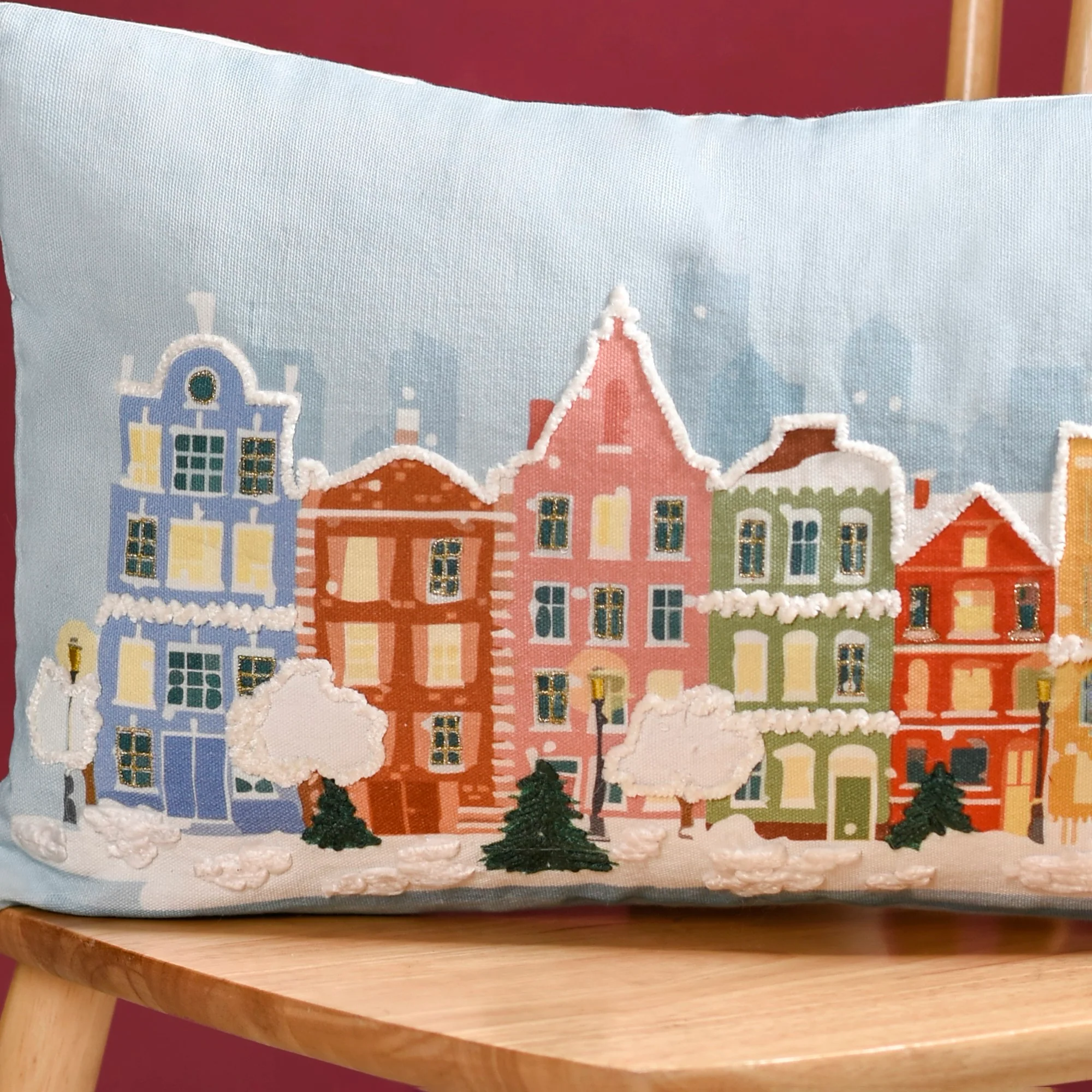 Winter Town Embroidered Cotton Cushion Cover 50x30cm - Image 2