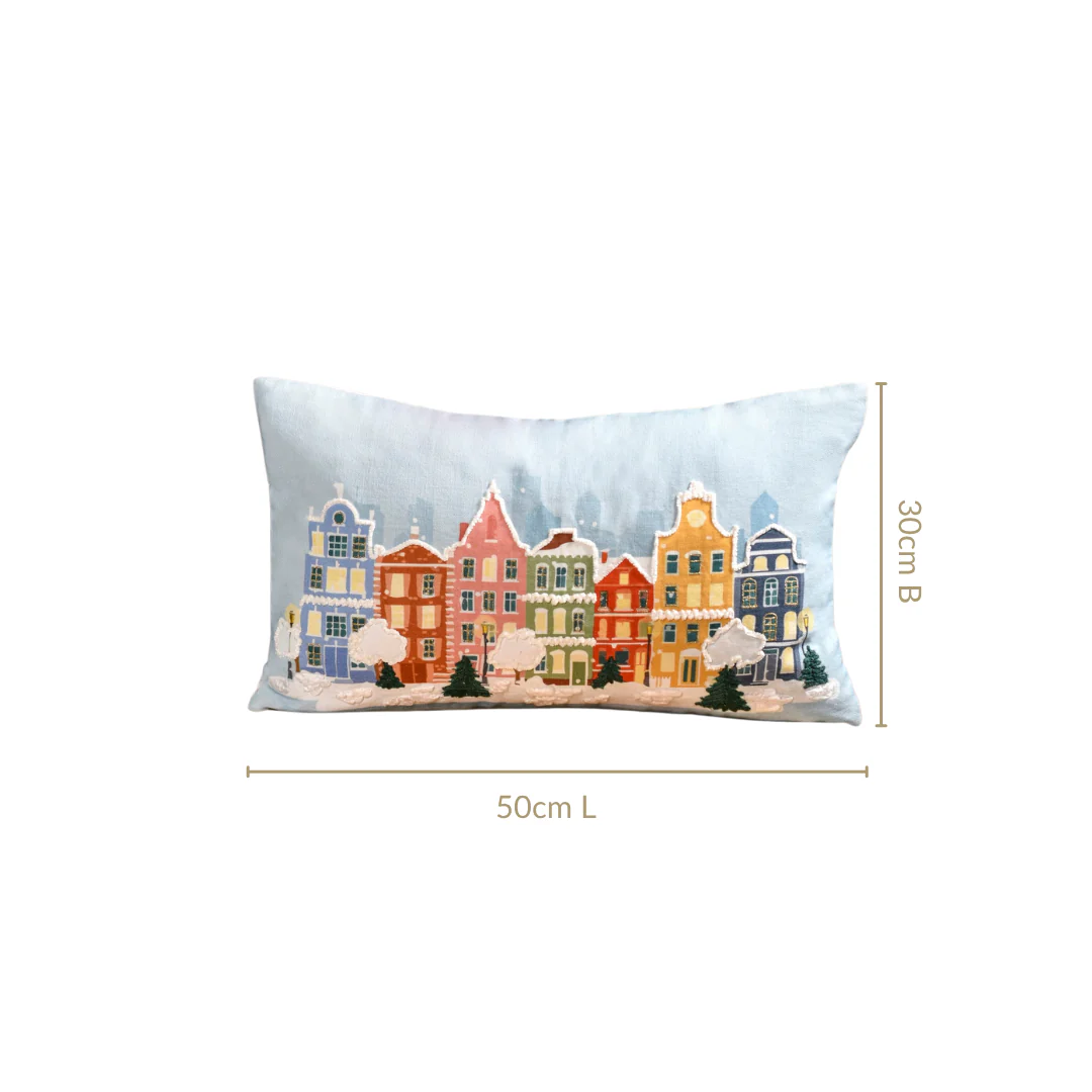 Winter Town Embroidered Cotton Cushion Cover 50x30cm - Image 3