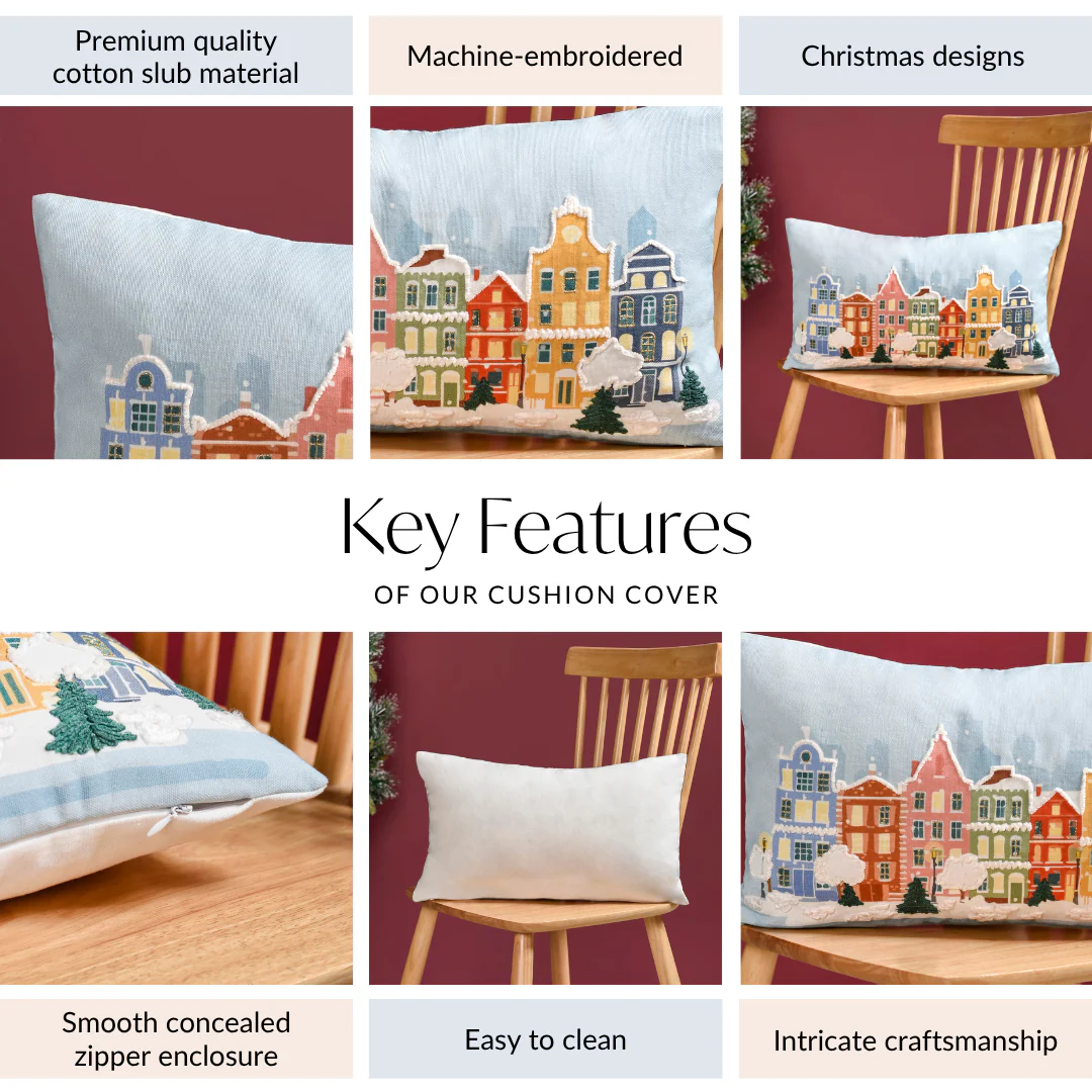 Winter Town Embroidered Cotton Cushion Cover 50x30cm - Image 4