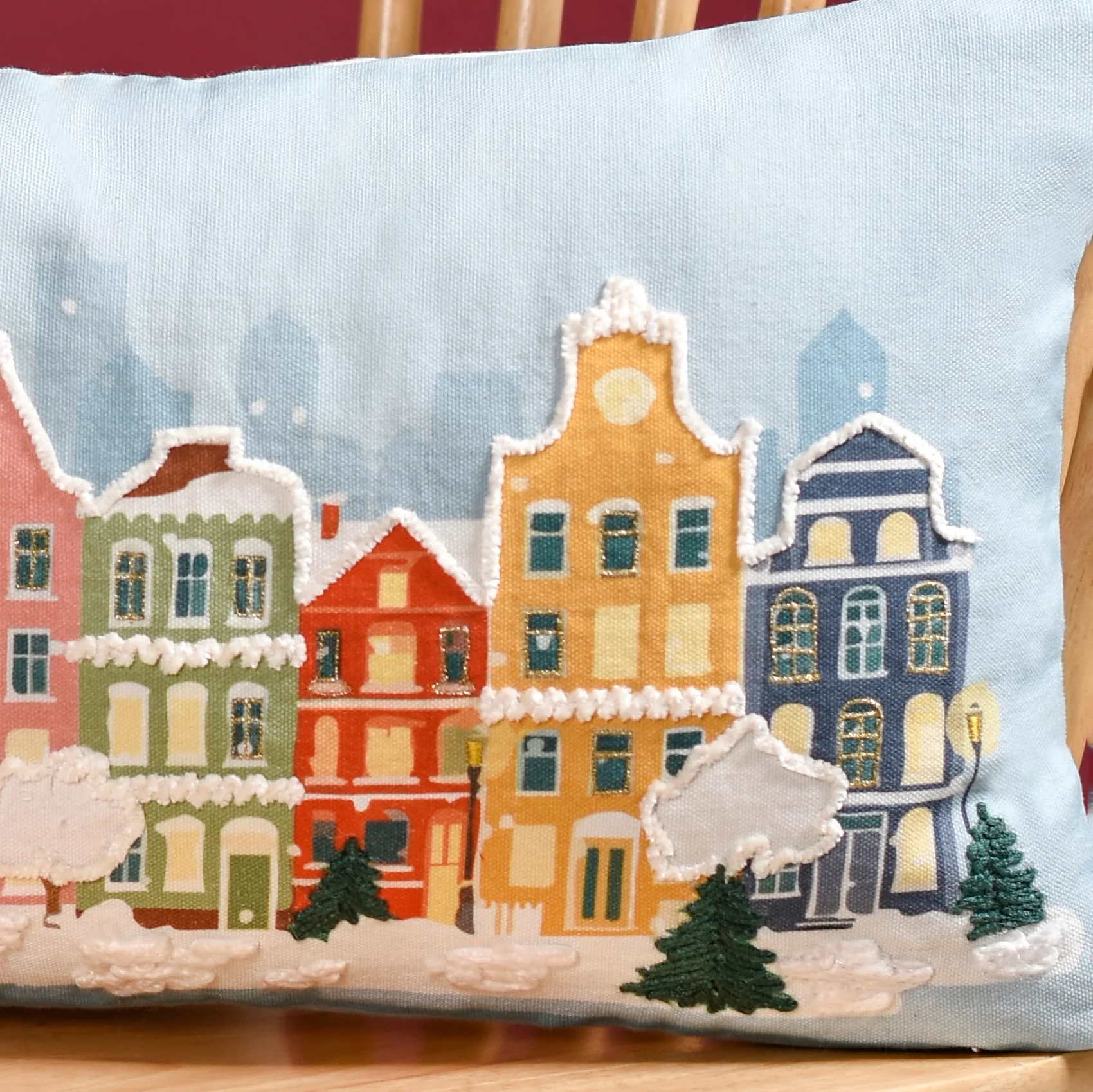Winter Town Embroidered Cotton Cushion Cover 50x30cm - Image 5