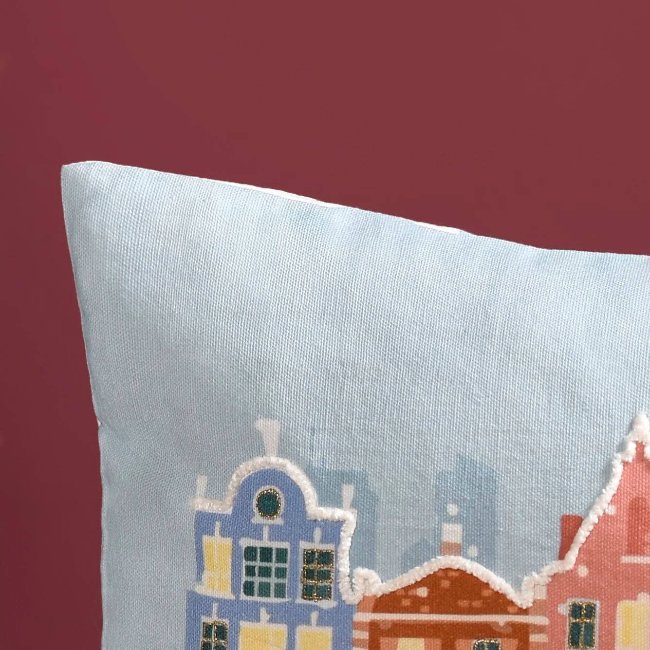 Winter Town Embroidered Cotton Cushion Cover 50x30cm - Image 6