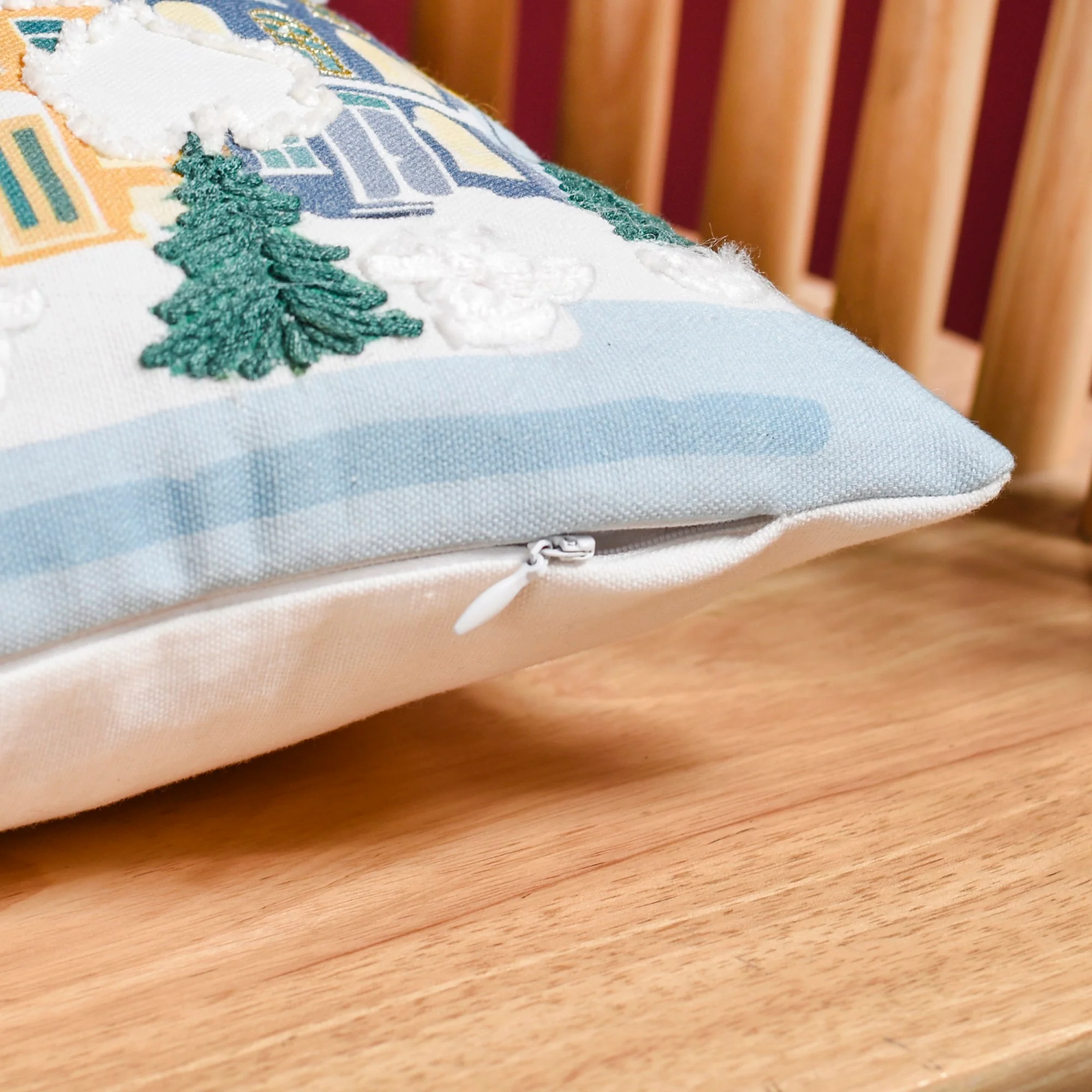 Winter Town Embroidered Cotton Cushion Cover 50x30cm - Image 7