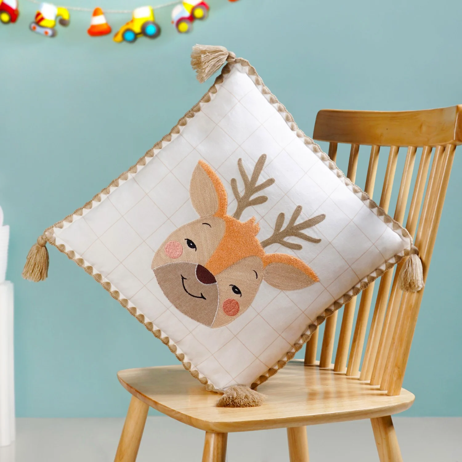 Woodland Deer Embroidered Cotton Kids Cushion Cover 42x42cm - Image 2