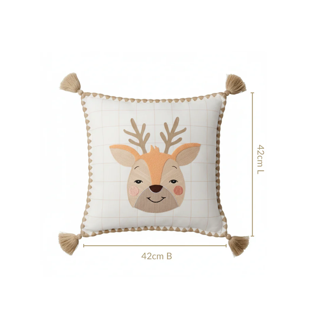 Woodland Deer Embroidered Cotton Kids Cushion Cover 42x42cm - Image 3
