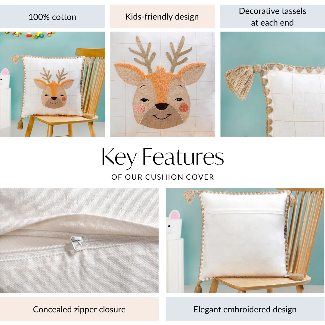 Woodland Deer Embroidered Cotton Kids Cushion Cover 42x42cm - Image 4