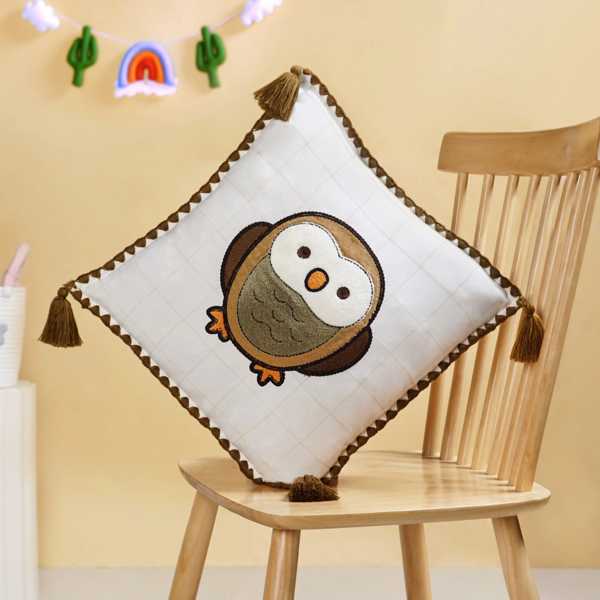 Woodland Owl Embroidered Cushion Cover With Tassels 42x42cm - Image 2