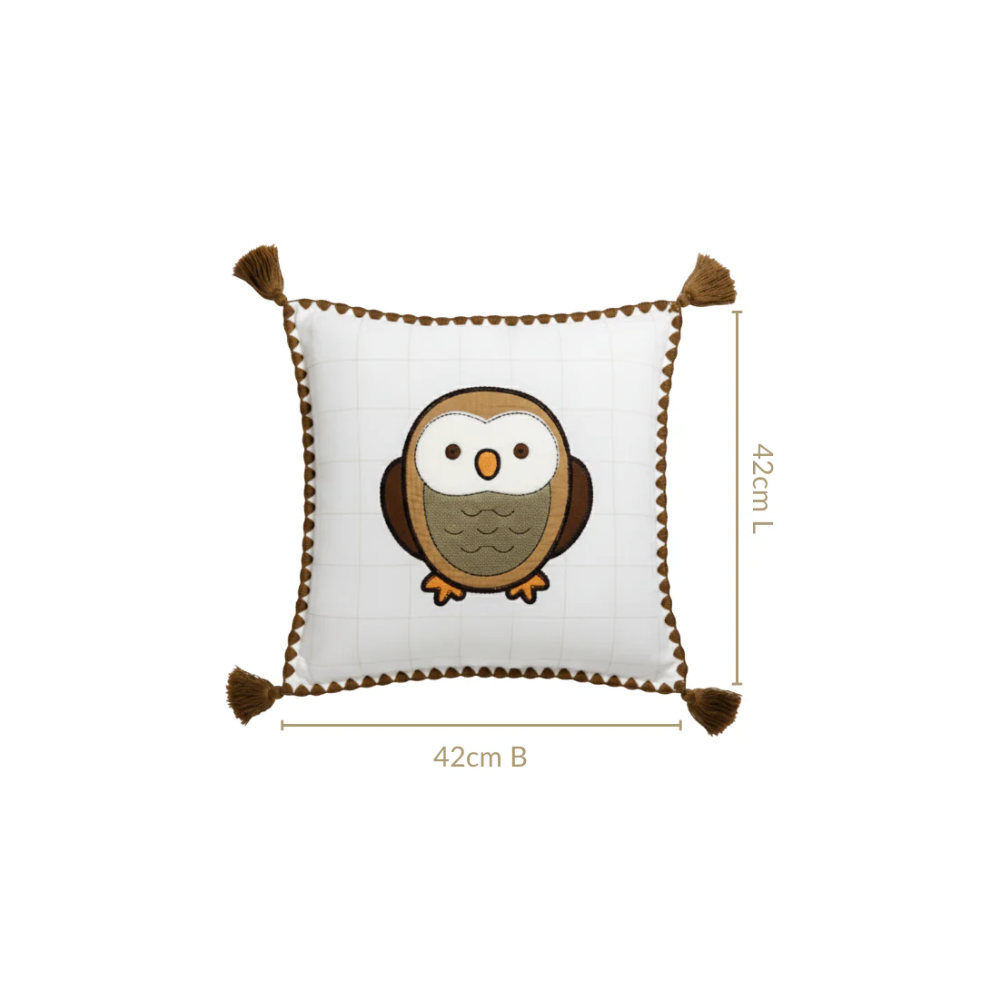Woodland Owl Embroidered Cushion Cover With Tassels 42x42cm - Image 3