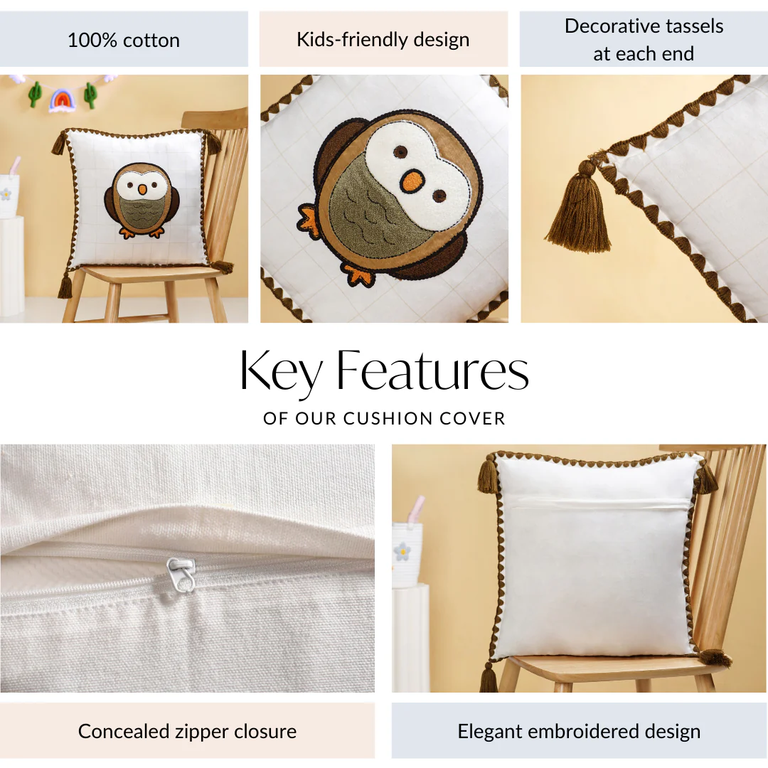 Woodland Owl Embroidered Cushion Cover With Tassels 42x42cm - Image 4