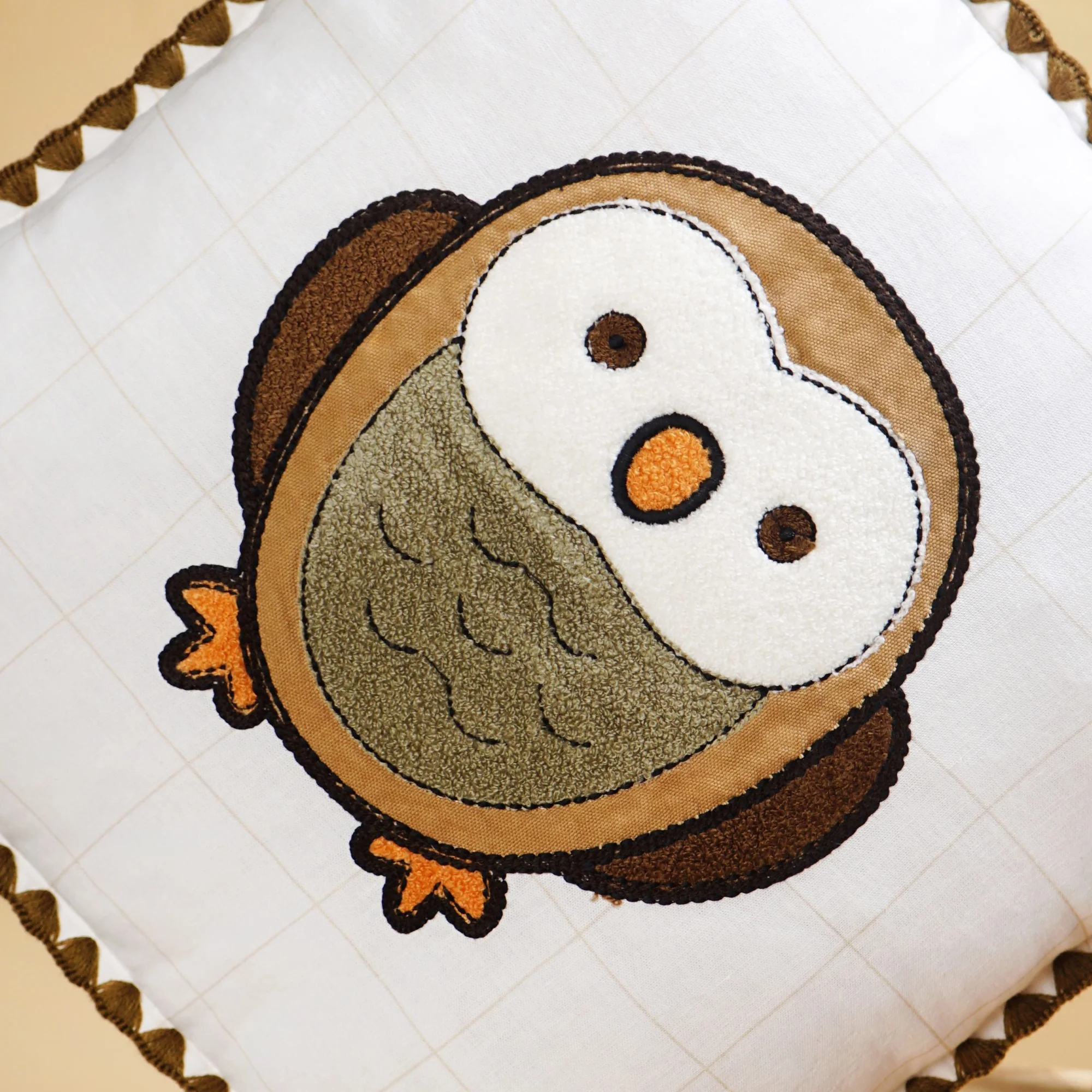 Woodland Owl Embroidered Cushion Cover With Tassels 42x42cm - Image 5
